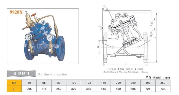 埃美柯隔膜式可调减压阀9920X结构尺寸图